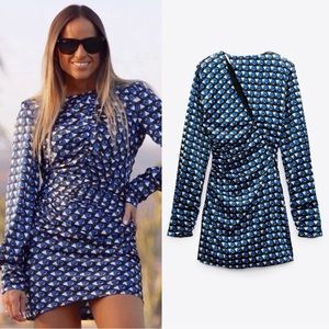ZARA New With Tag  Long Sleeve Geometric Satin Effect Mini Dress Blue| Size L